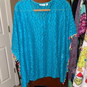 Susan Graver Blue Lace Crop Top with Multicolor Accents